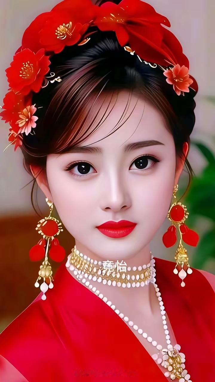 惊艳的东方美人，红衣配花环，美不胜收！