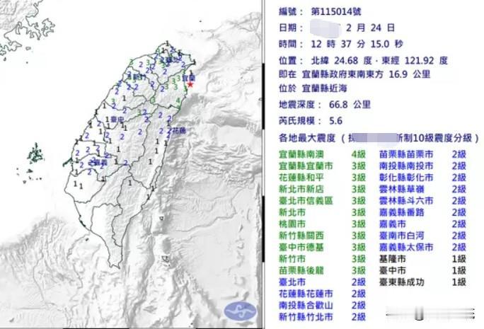 5.6级地震立院警报声大作！韩国瑜请刘世芳离席处理根据台湾气象署地震测报中心