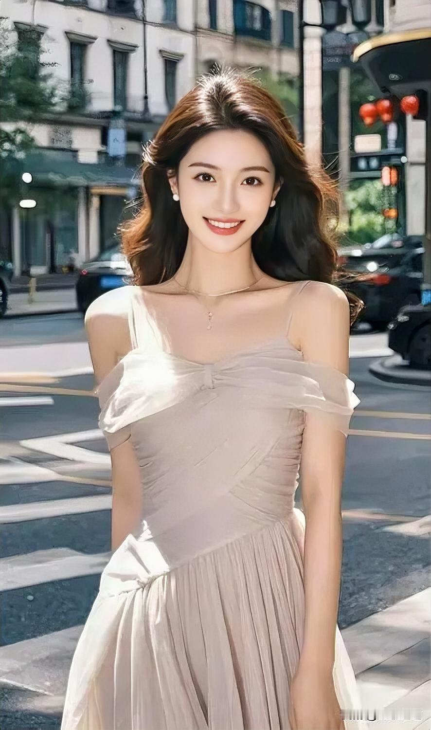 优雅街拍，甜美笑容，浅粉色连衣裙，阳光明媚的午后