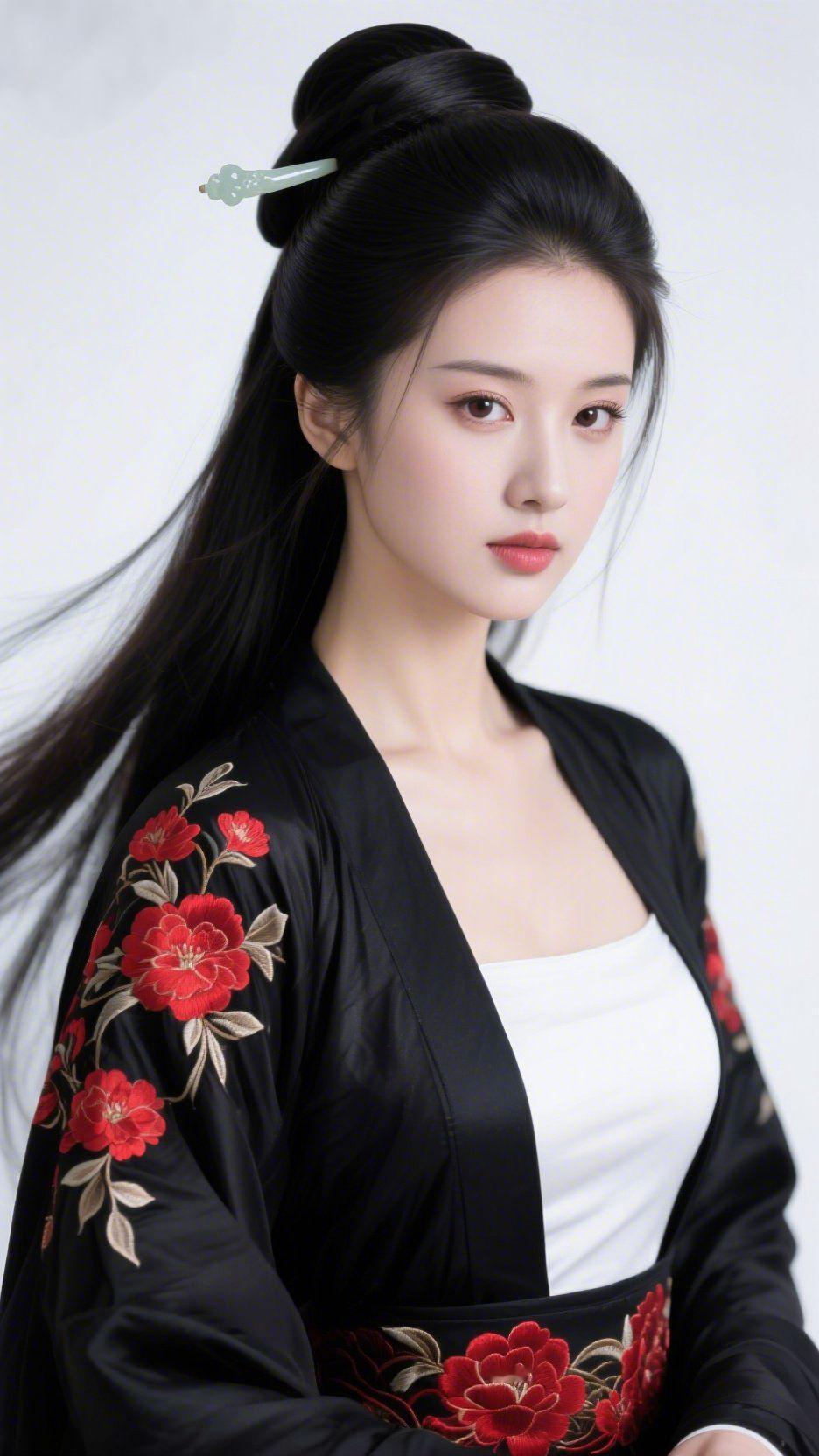 墨衫红绣的轻古意素白背景浸着浅淡的静，她立于光影之间，像把国风的柔揉进了日