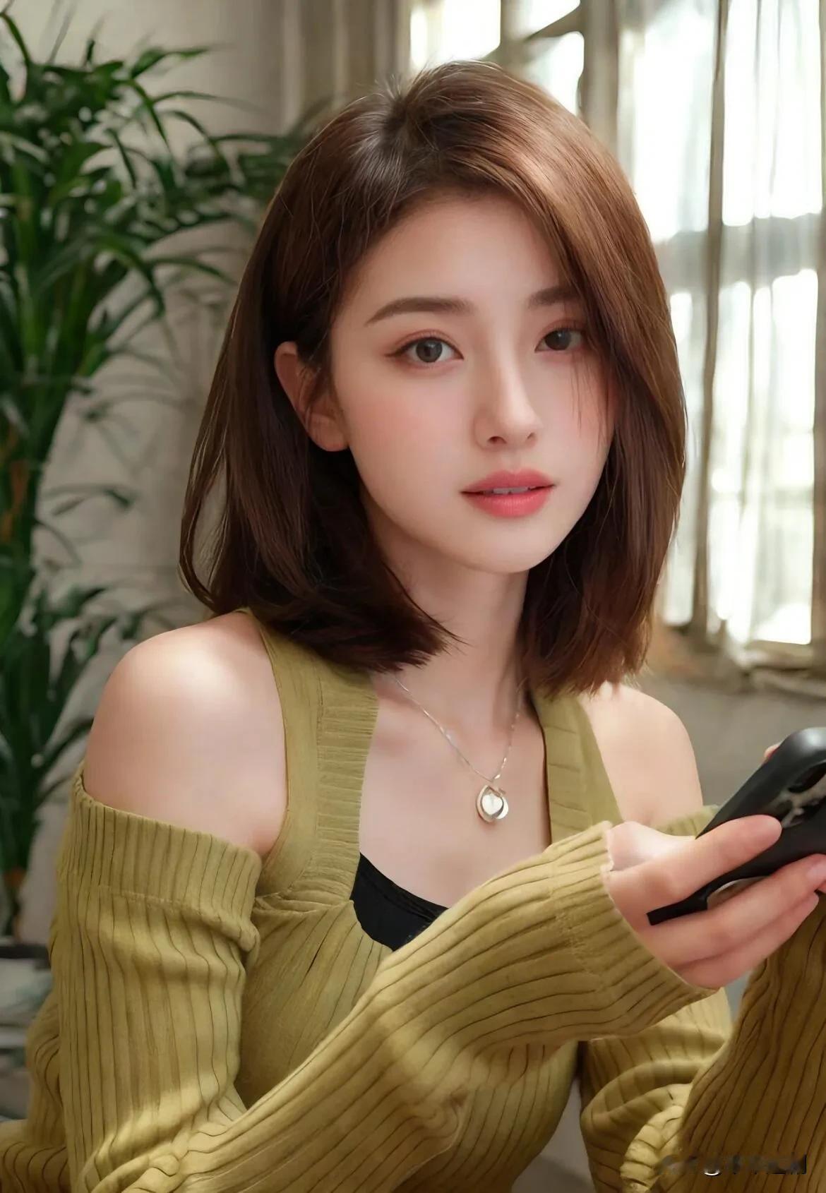 🌿芥末绿露肩针织衫衬得松弛又随性，在洒满柔光的房间里，指尖划过屏幕，把慵懒的