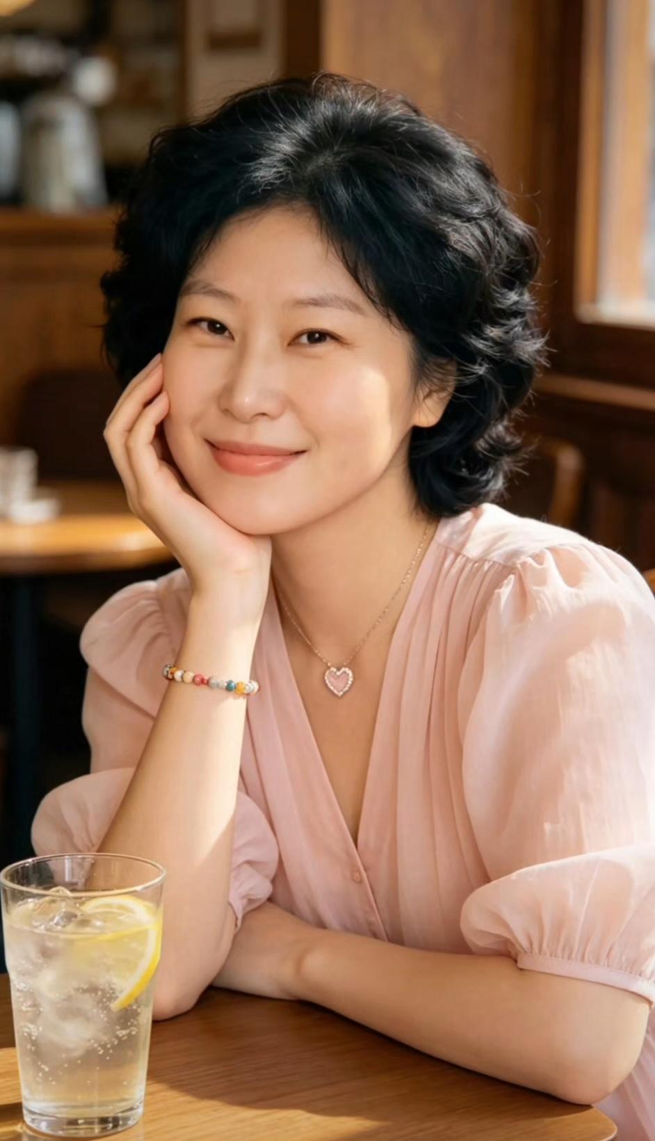 一位女士在咖啡馆里微笑。