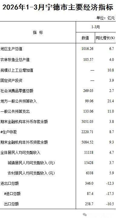 福建黑马，2026年1-3月宁德市主要经济指标