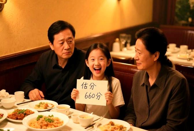 2025年高考结束，一家三口约好去饭店庆祝。女儿估分660分想告诉爸妈，结果
