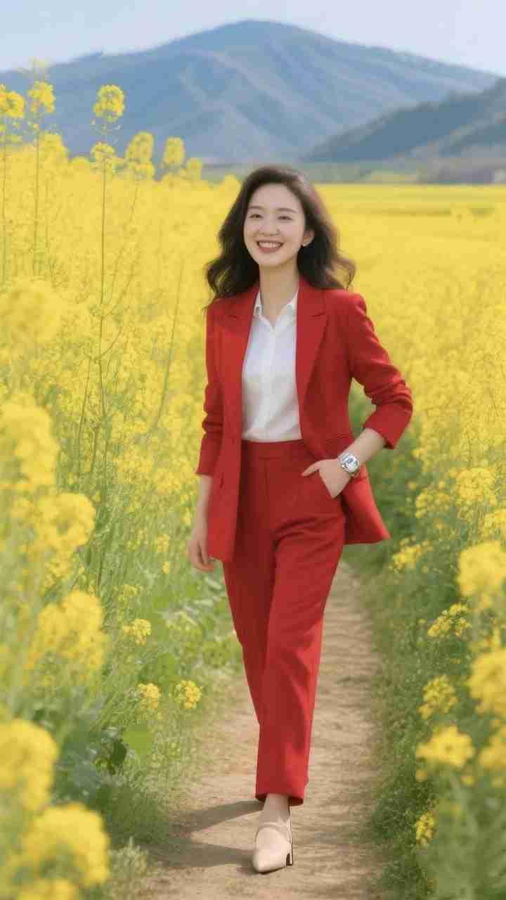 我的今日状态：😪没睡醒我这里的天气：🌤️多云《红衫踏春黄》远山衔着