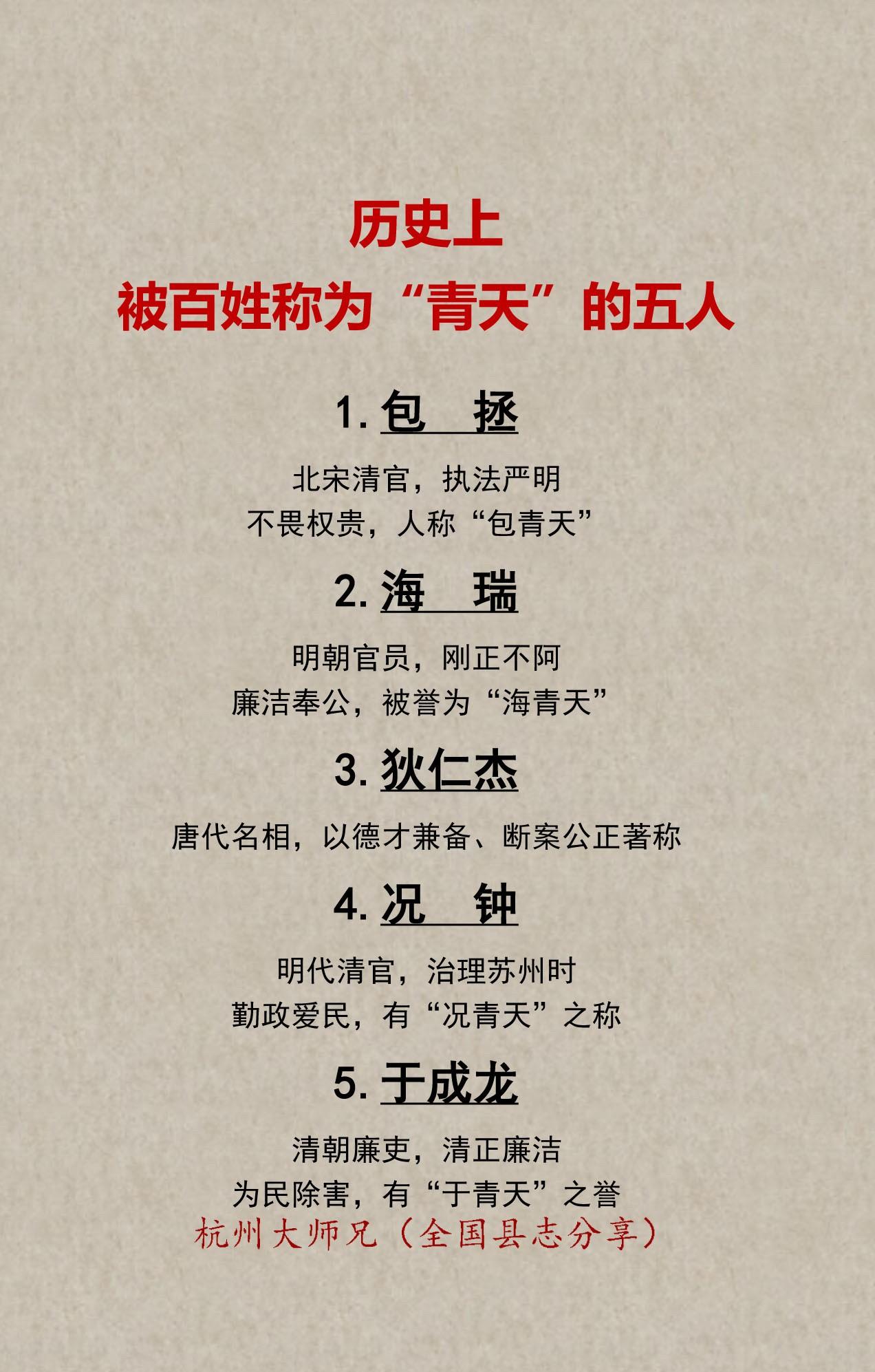 历史上被百姓称为“青天”的五人