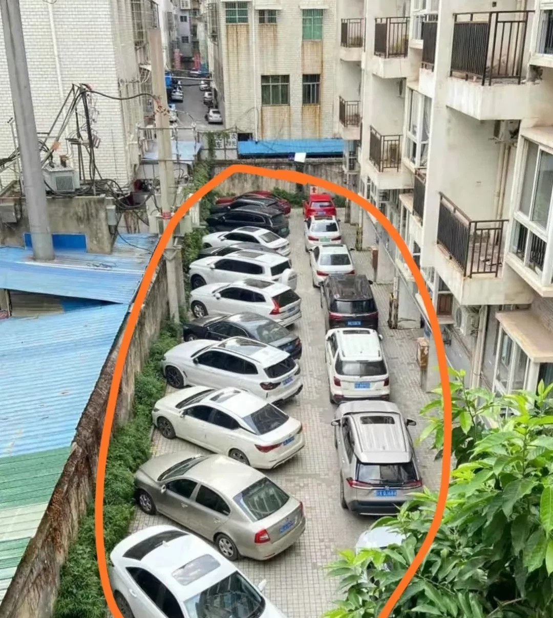 这就是我住的小区停车位现状还挺有默契的我在想这车怎么停进去的这么整齐怎