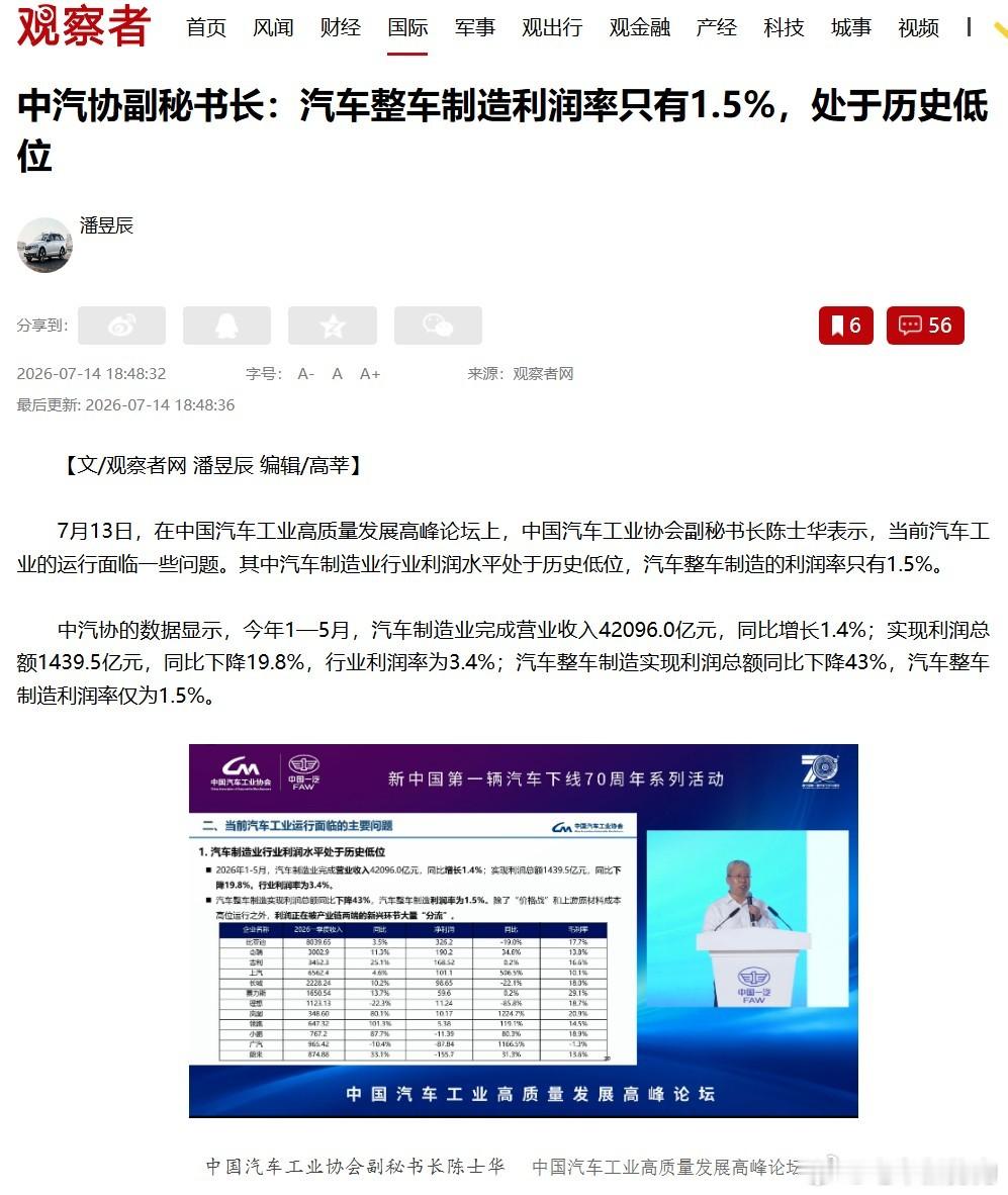 中国汽车整车制造利润率只有1.5%，真正的活雷锋！新能源车渗透率虽然突破了55