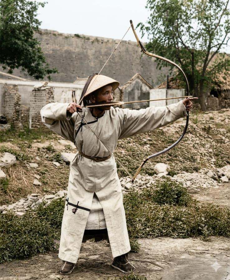 清末，城外荒坡空地习射的驻防士兵，他头戴凉帽，身着斜襟长款兵服，腰间束带，下裳为