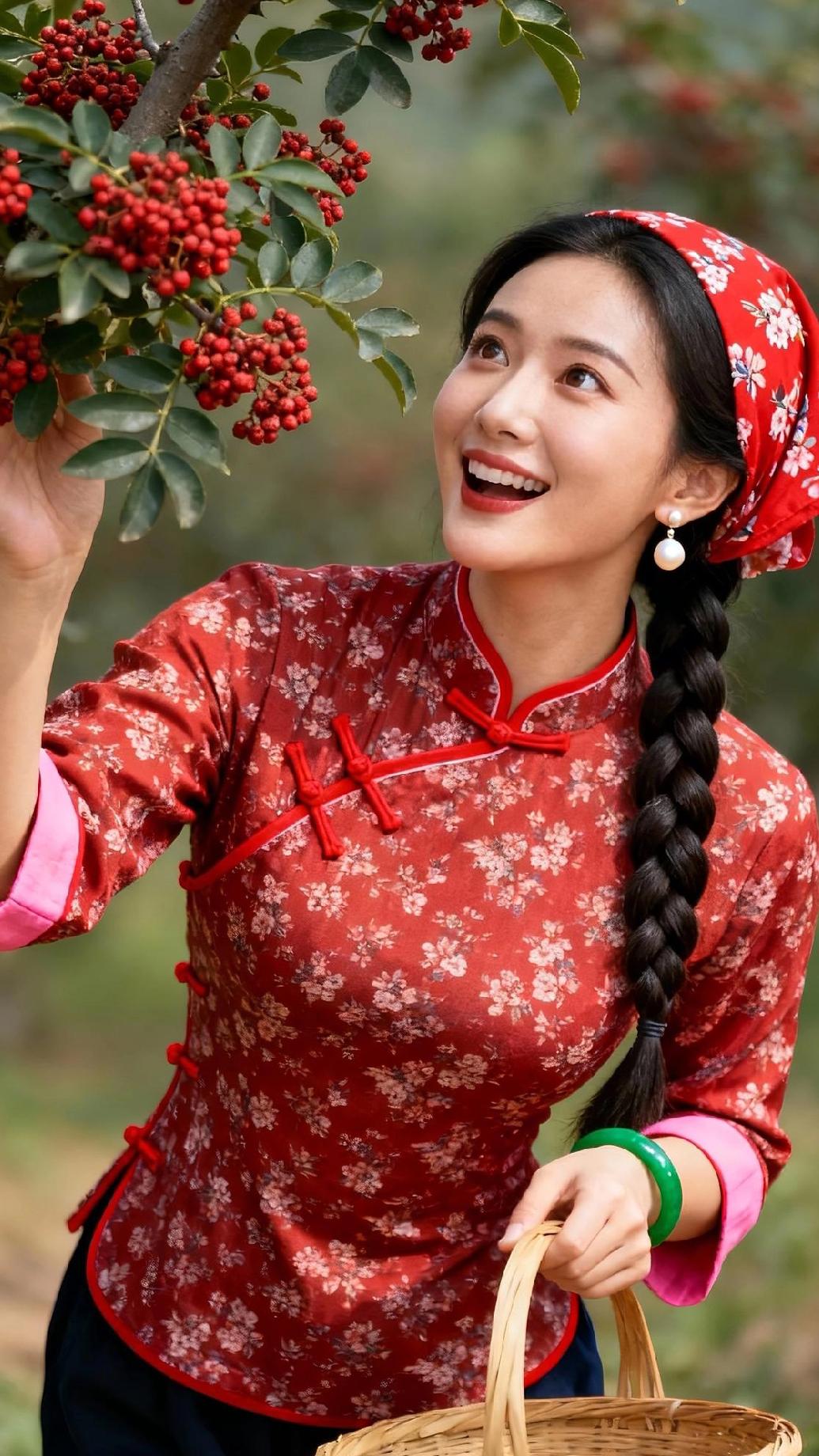 秋日采摘，红衣少女与丰收的果实