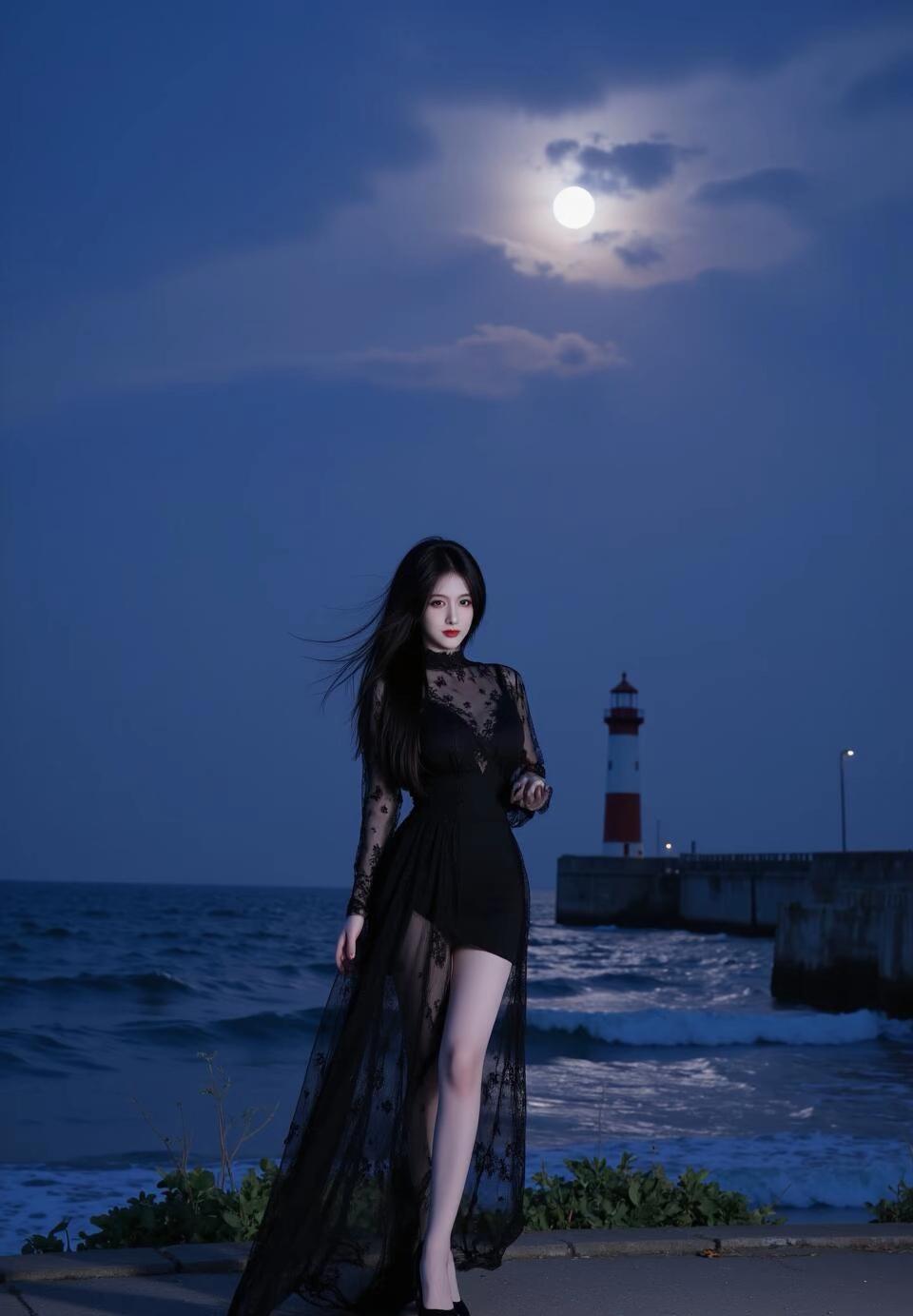 月光下的神秘女郎，海风轻拂，裙摆飘逸。
