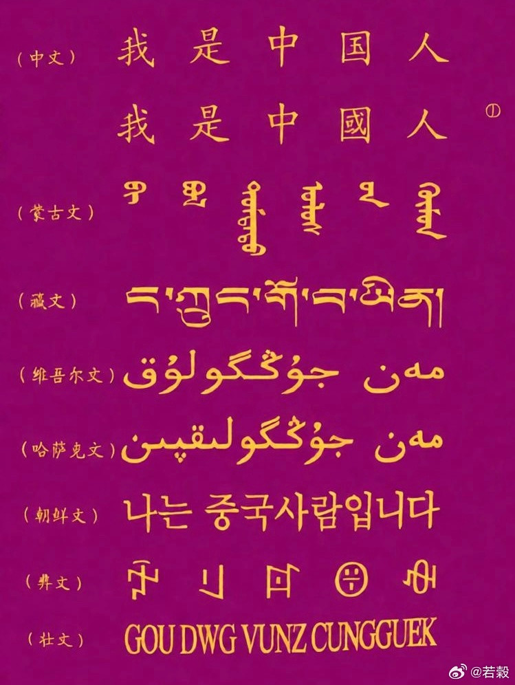 “我是中國人”的九種民族語言的寫法。​​​