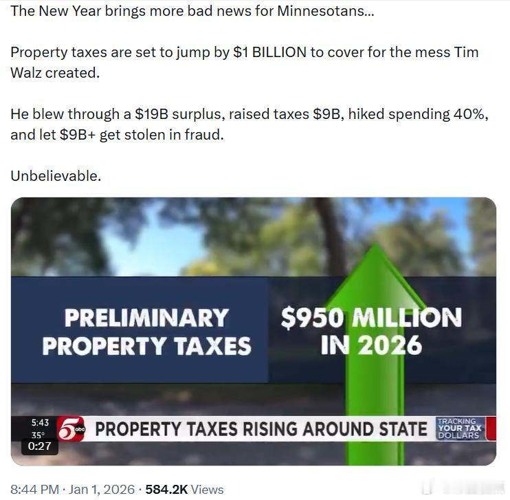 新年对明尼苏达人来说又带来了坏消息……为了弥补蒂姆·沃尔兹造成的烂摊子，房产税预
