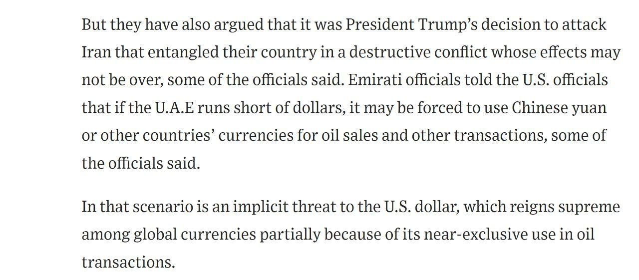《华尔街日报》：阿联酋已告知华盛顿，如果得不到足够的美元，将被迫以人民币出售石油