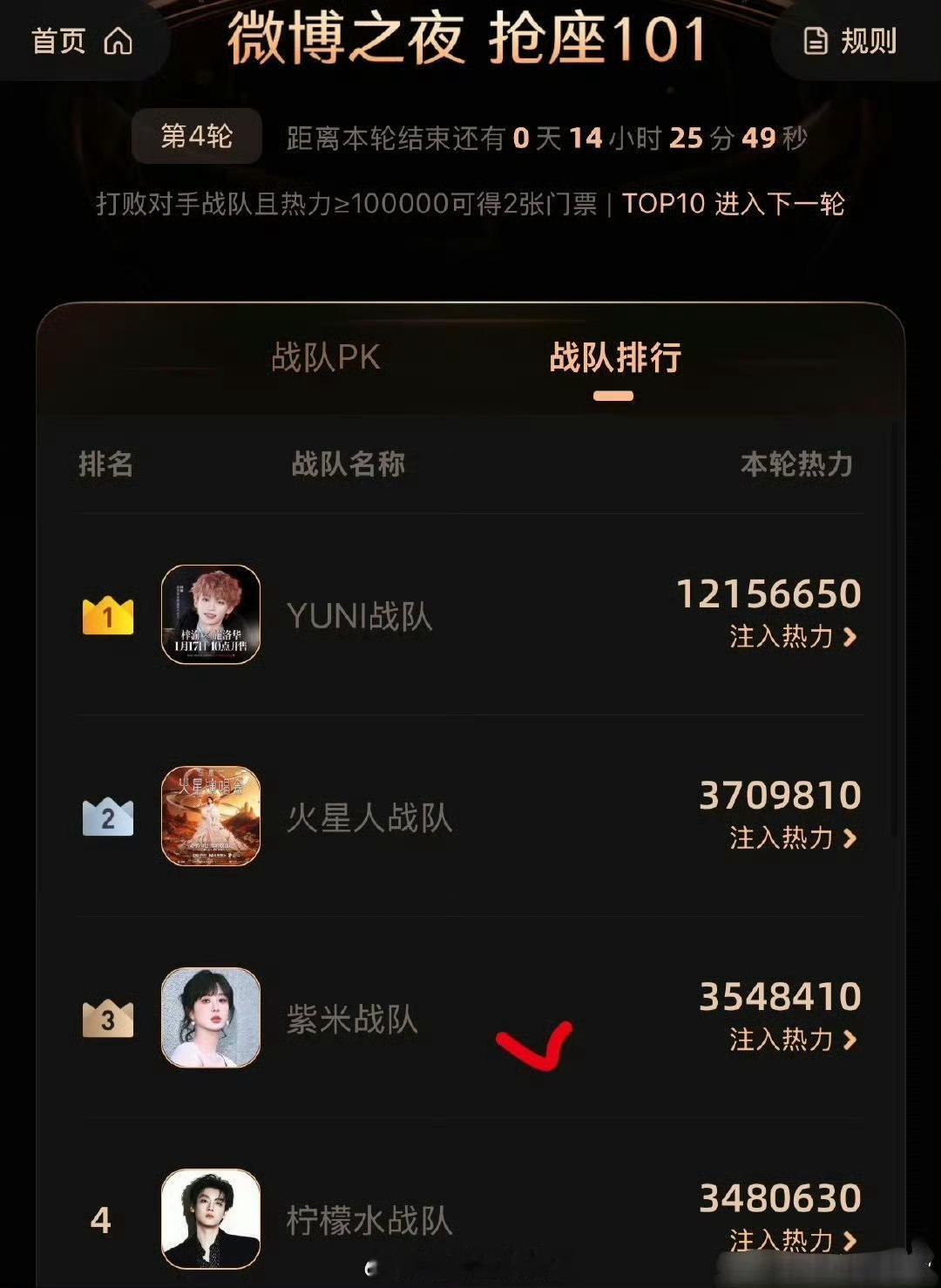 微博之夜目前战队排行