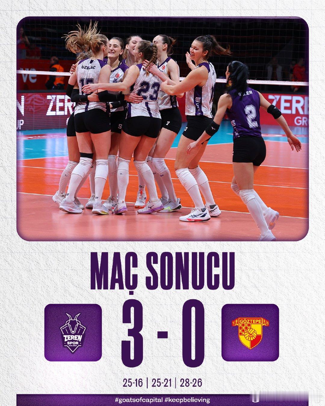 土超女排第20轮，瓦基弗银行、泽仁体育和费内巴切均3-0完胜对手。伊萨奇巴希和阿