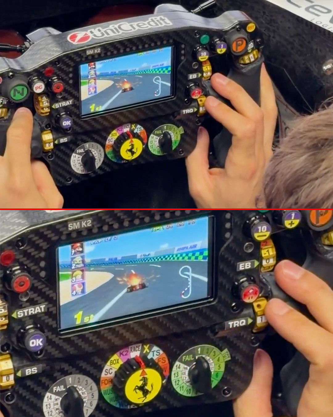 什么👀…哈哈哈哈哈法拉利车队把马里奥赛车做进了勒克莱尔赛车的方向盘里面F1赛