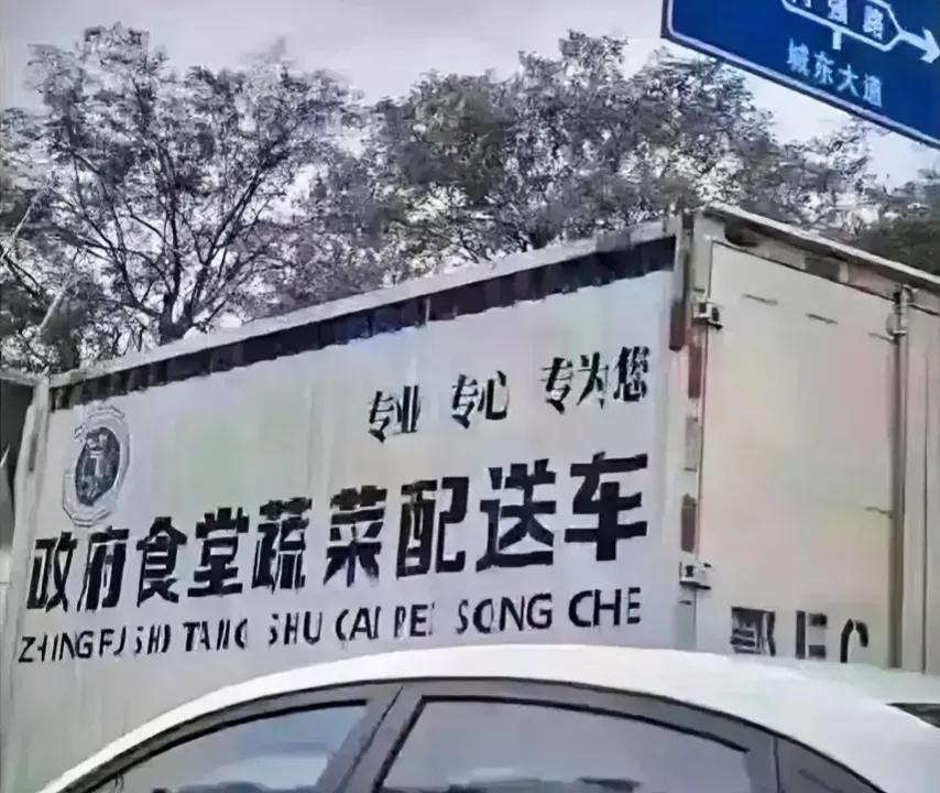 这是某地政府食堂蔬菜配送车的照片，车厢上印有绿色食品的标志，还有“专业、专心、专