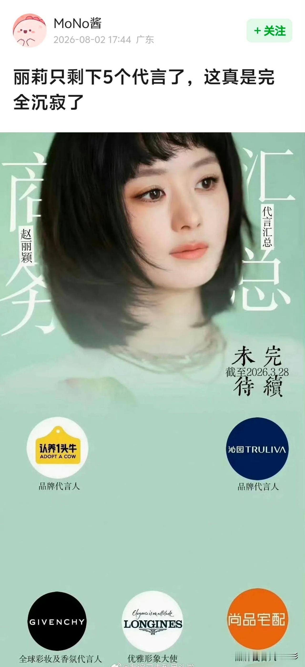 赵丽颖目前仅剩5个代言，以她的国民度和一线咖位来说，商务数量实在过于惨淡。在拿下