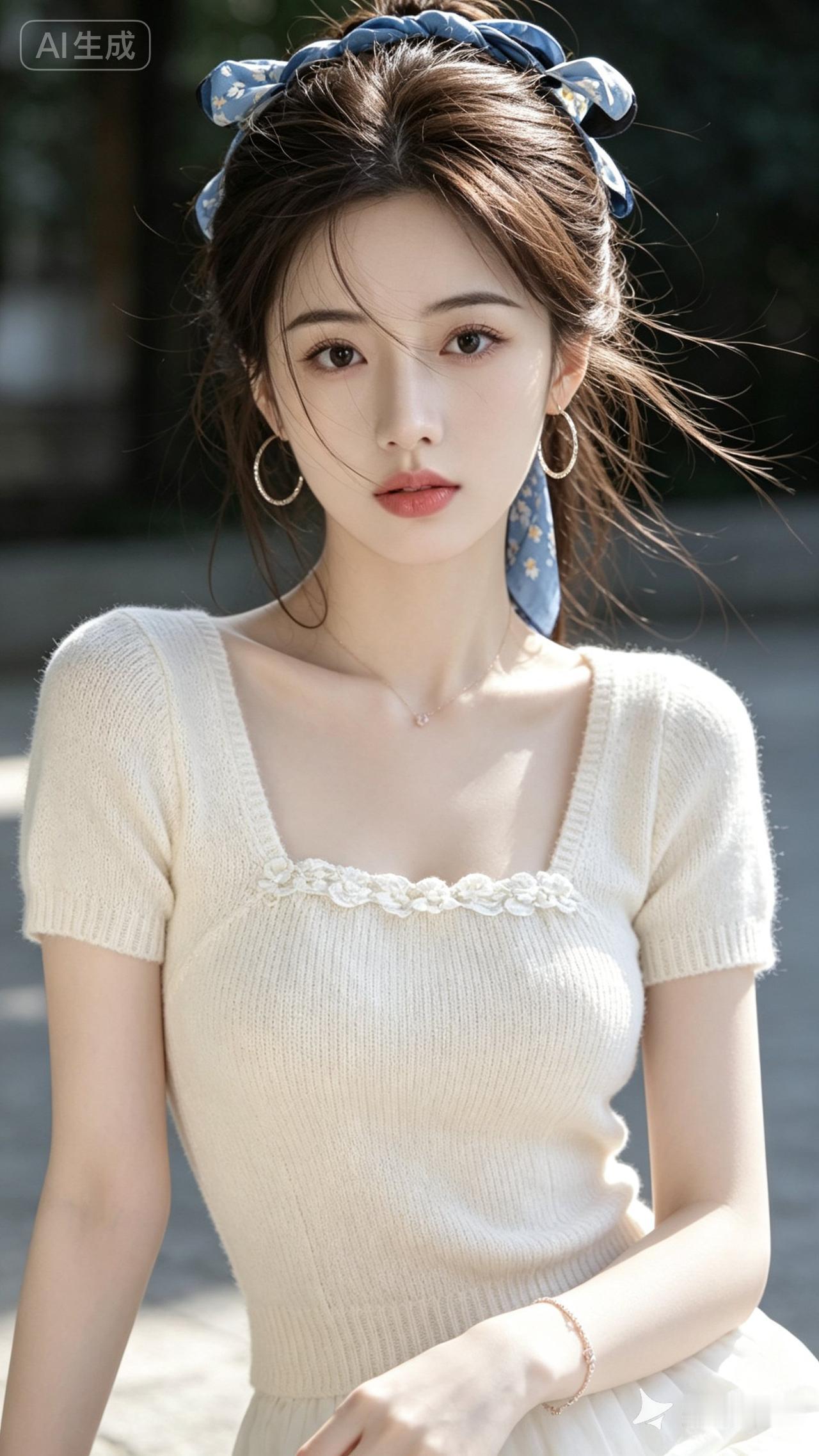 温柔甜美的少女，蓝花发带点缀，白色针织衫尽显清新气质。