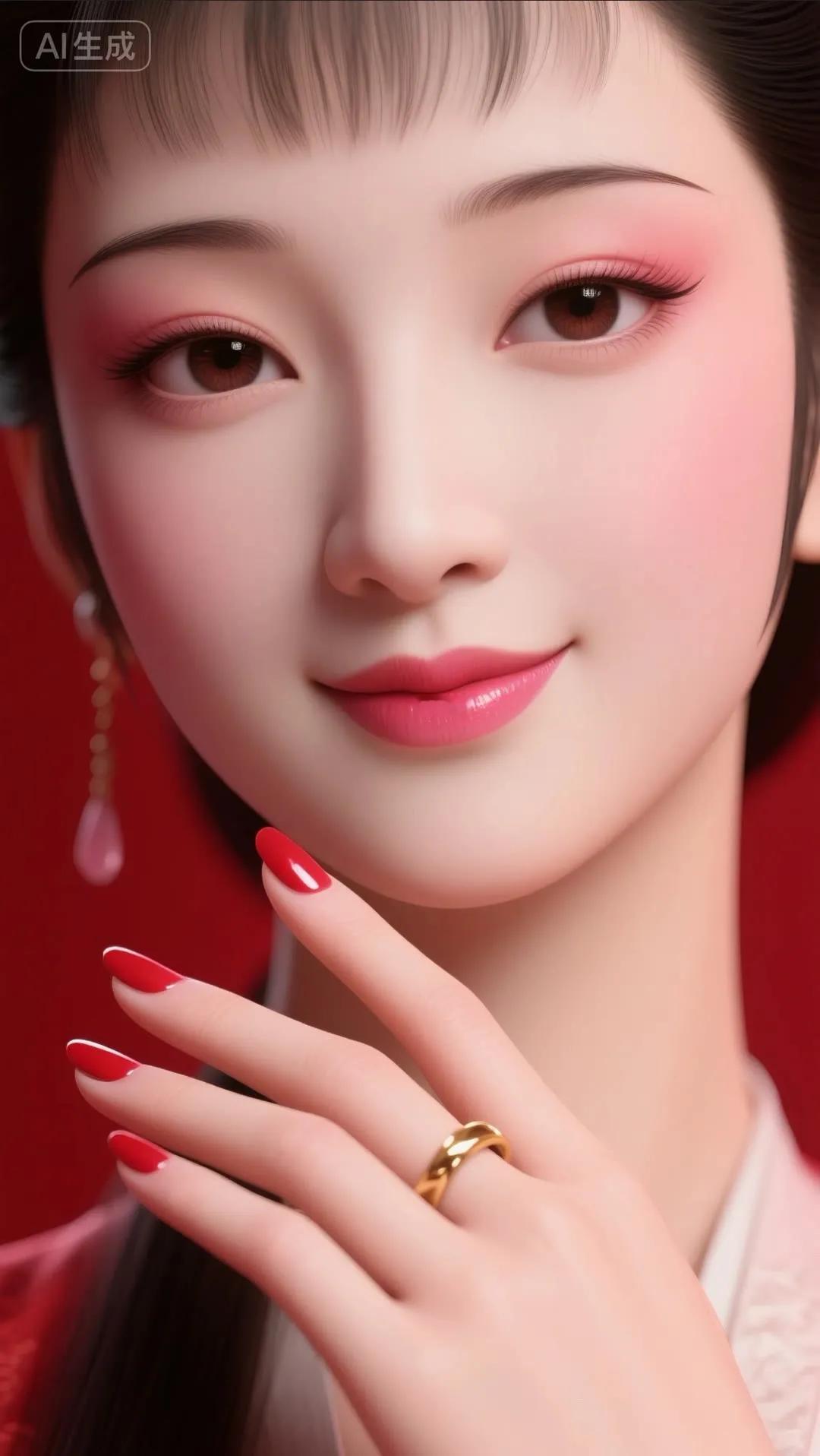 优雅红唇，精致妆容，闪耀的耳环与戒指，尽显东方美！💄💍✨