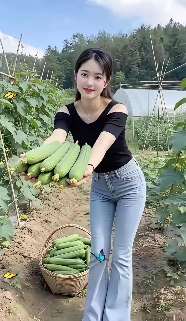 这位美女在田里摘了好多黄瓜呢！