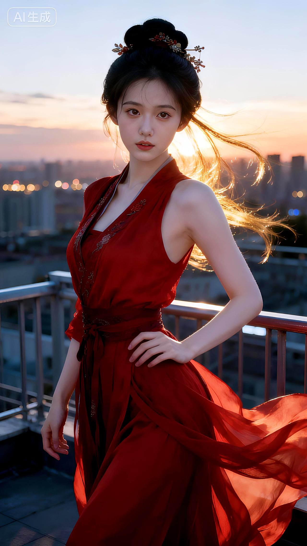 暮色在天台蔓延，红裙如火点燃整座城市的温柔。春日生活打卡季豆包壁纸写真