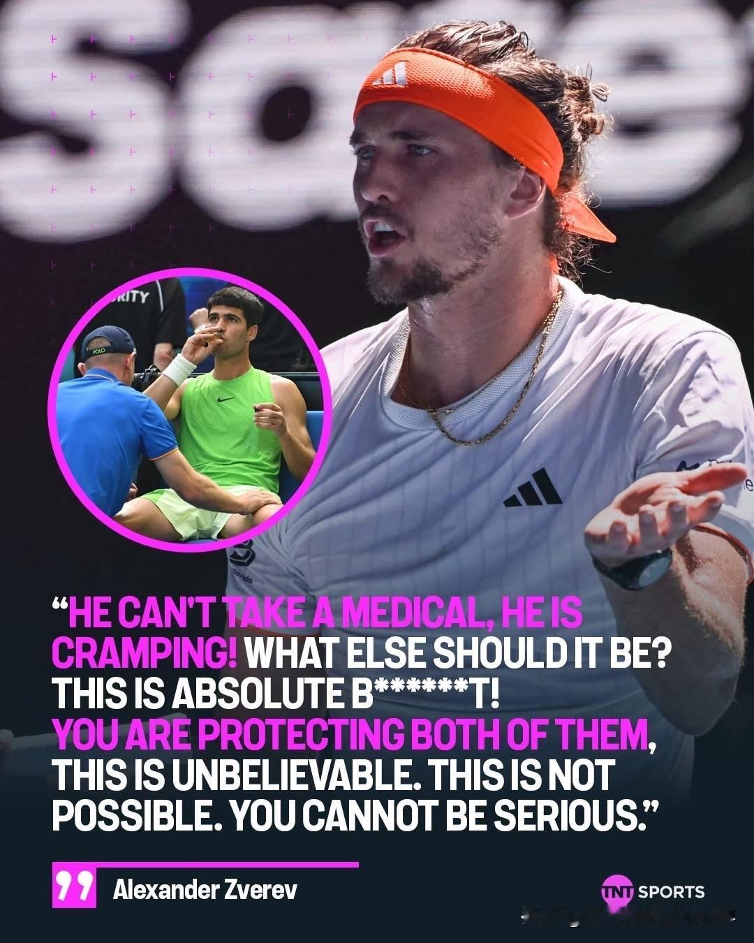 亚历山大·兹维列夫对卡洛斯·阿尔卡拉斯获得医疗暂停感到不满！兹维列夫说：“他