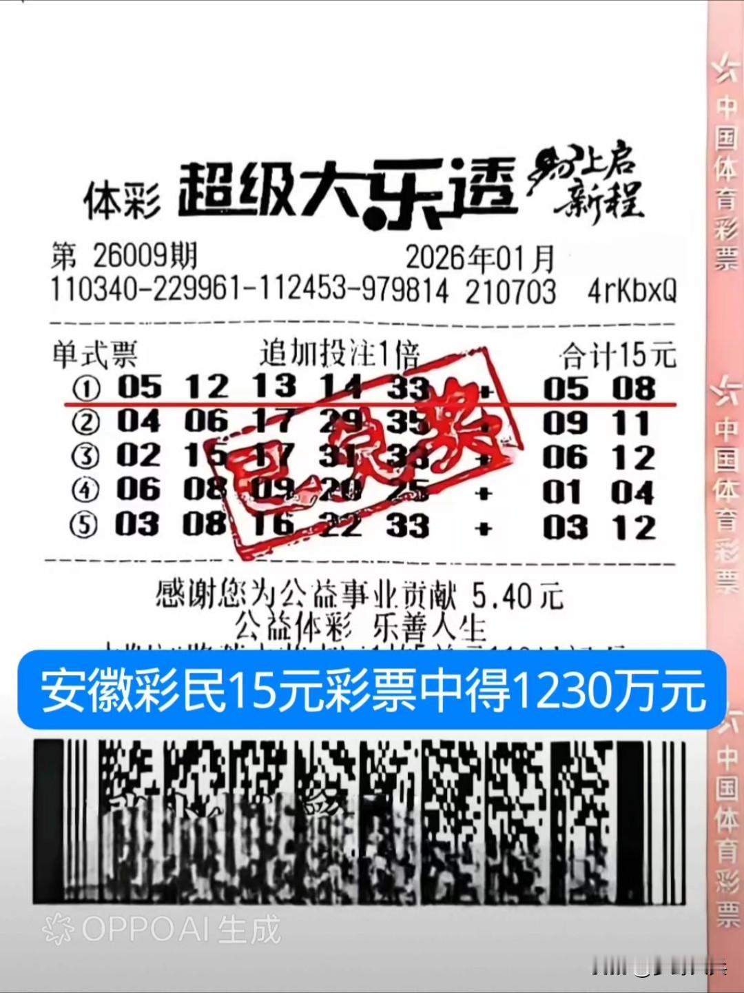 15元彩票，中得大奖1230万元，这是一张来自安徽的彩民5注追加一倍票，第一组号