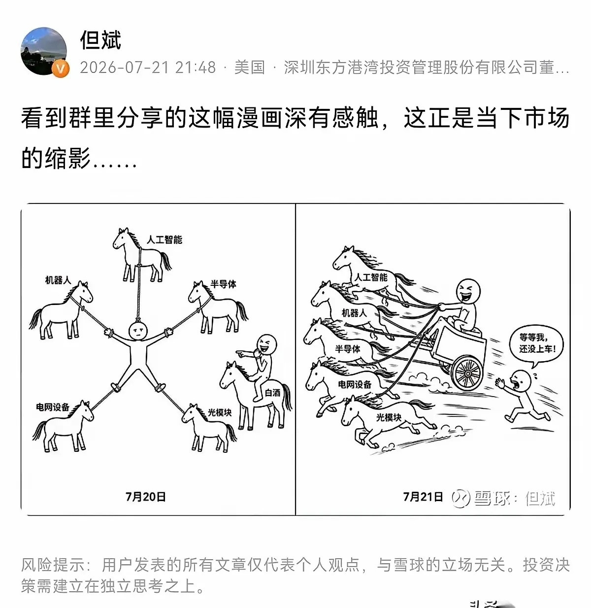但斌深夜晒两张漫画，一字未发！道尽股市魔幻人性第一格，7月20日。AI、半导体、