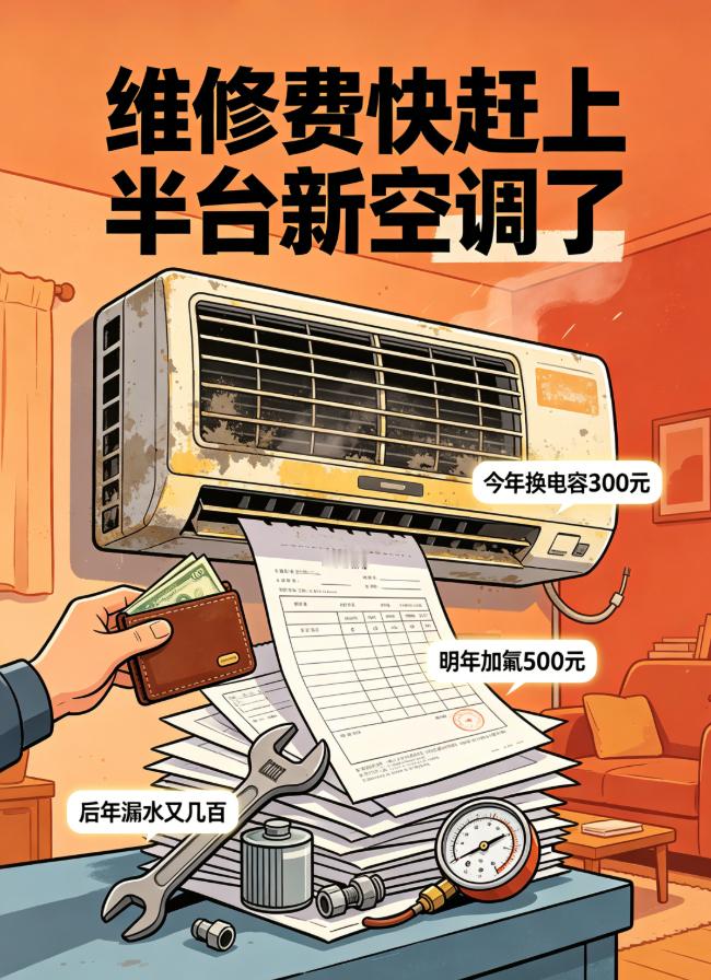 什么信号说明空调该换了其实就是舍不得换。今年修个电容300块，明年加次氟500块