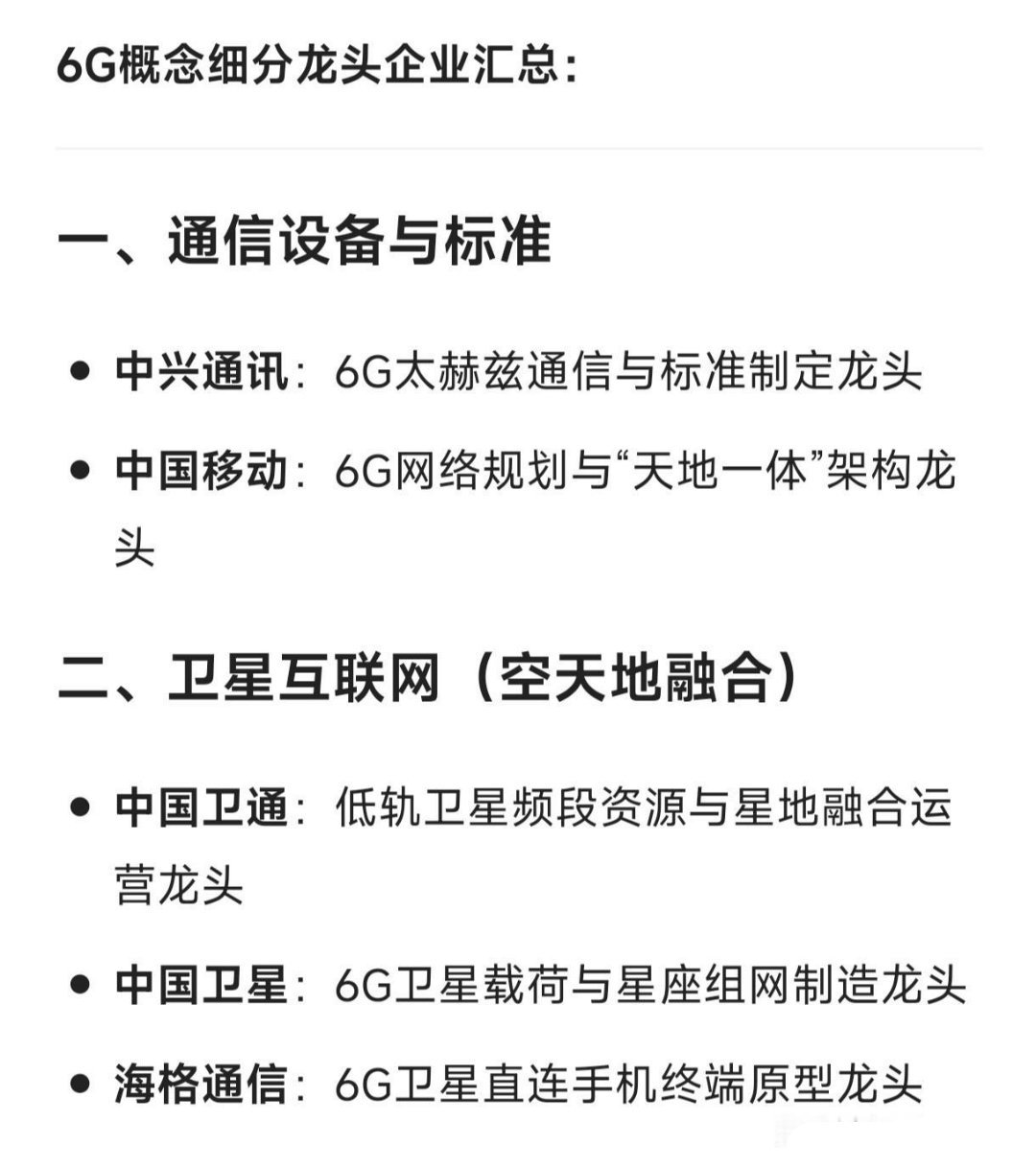 6G概念细分龙头企业汇总一、通信设备与标准中兴通讯：6G太赫兹通信与标准制定龙头