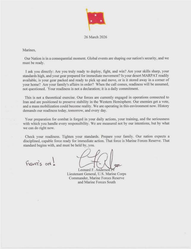 3月29日，据美媒报道，美国海军陆战队预备役部队指挥官在一封信中要求美国海军陆战