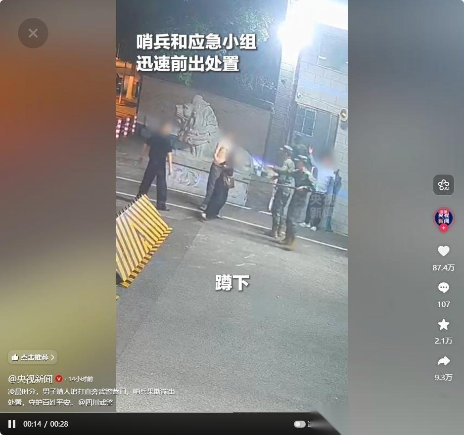 四川街头一名男子被两人追打，情急之下跑向武警营门求助，哨兵赶紧把人护住。结果后头
