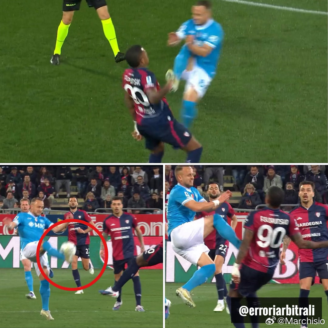 DAZN分析昨天洛博特卡的暴力动作：🟥接触的各种静止图像，右脚鞋钉踩在腹部，