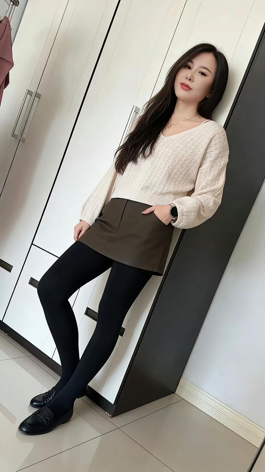 简约优雅穿搭，米色毛衣+黑色短裙，轻松舒适