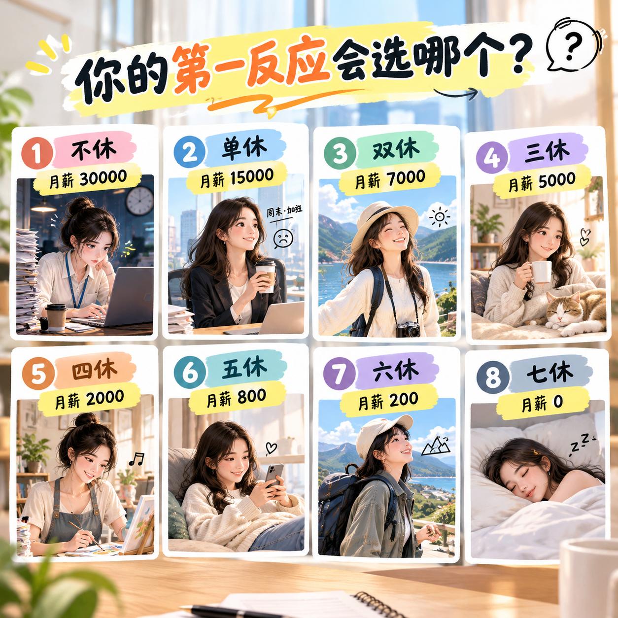 站在你的角度，你第一反应会选哪份工作？1.不休，月薪300002.单休，月薪