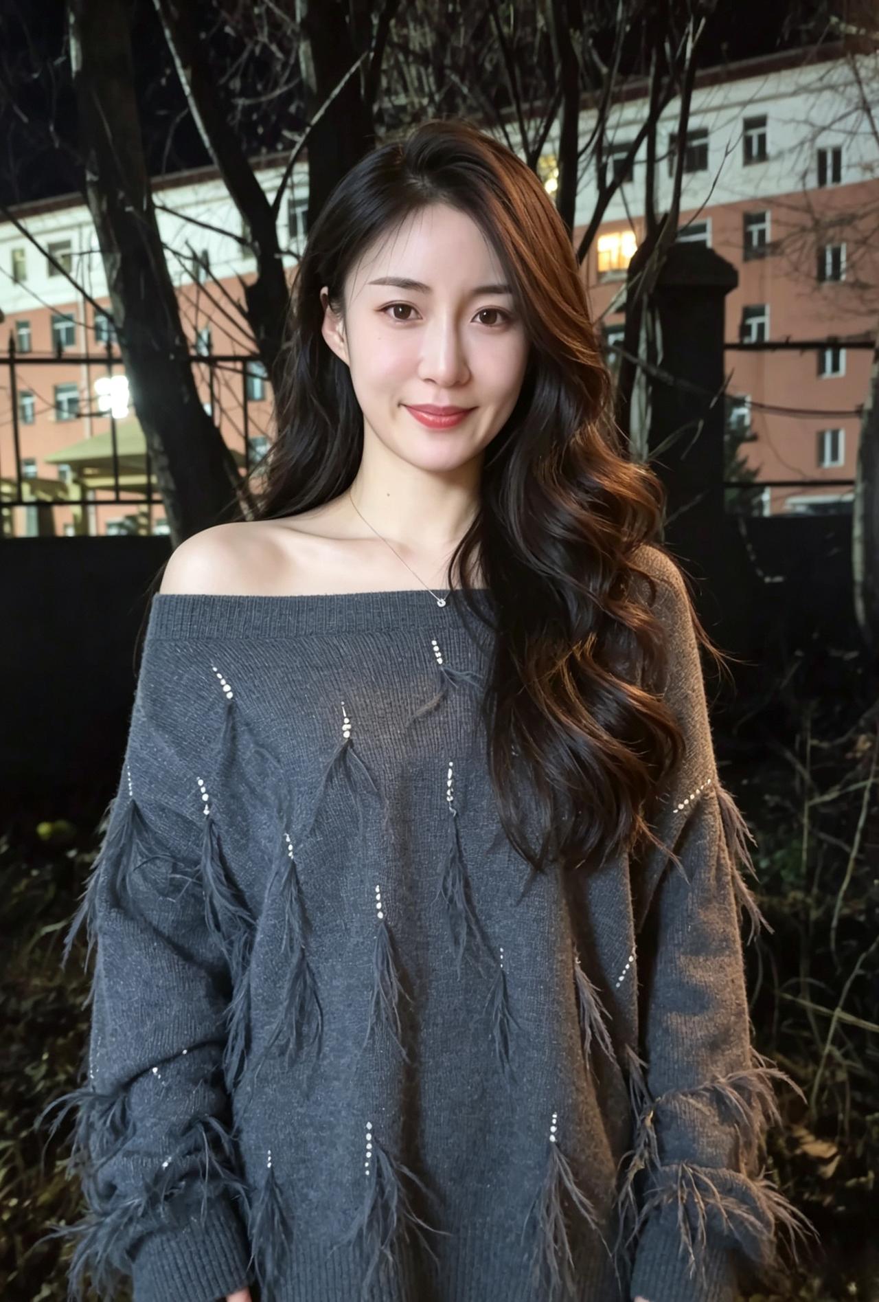 夜色笼庭树，清辉落玉肩。发长垂似瀑，笑浅暖如烟。衫缀星千点，眸含月一弯。相