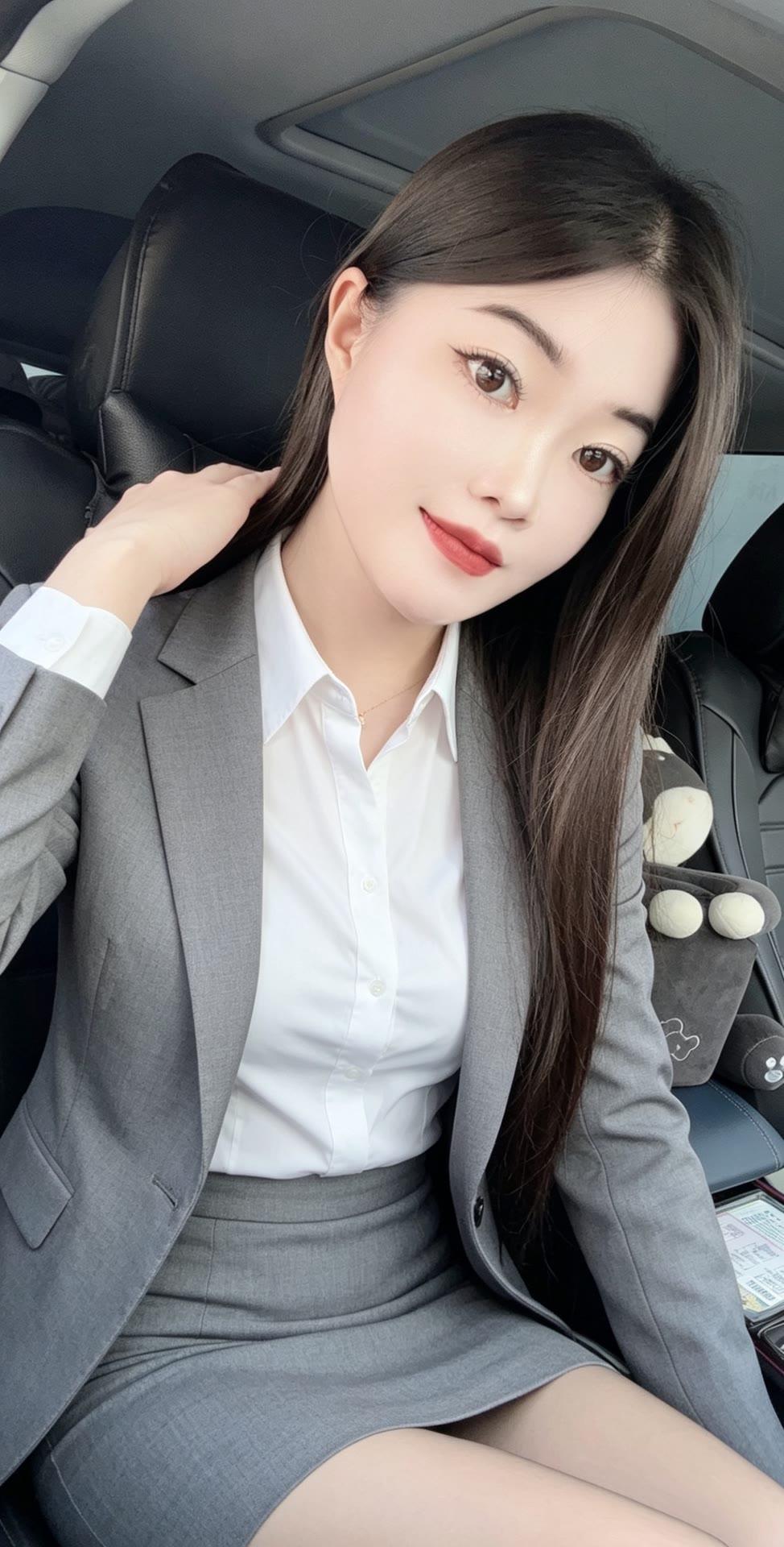 这位美女在车里穿着职业装，真帅气！