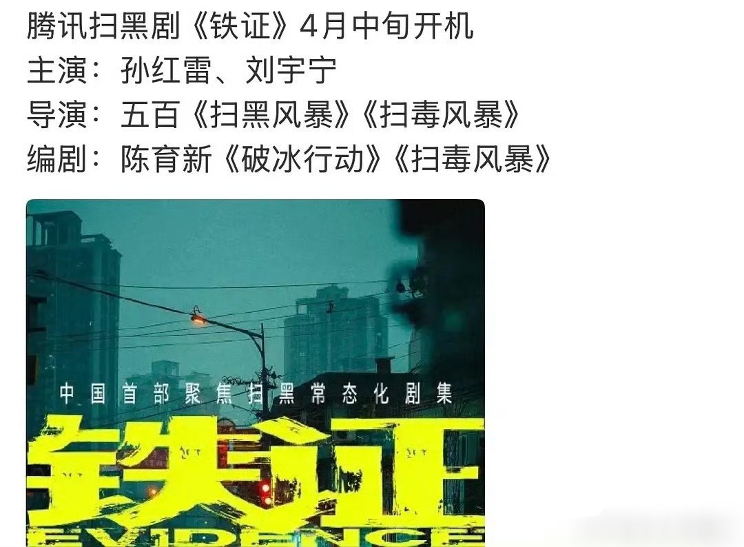 铁证孙红雷刘宇宁影视资讯:新丽扫黑题材剧集《铁证》，拟定孙红雷＋刘宇宁，一