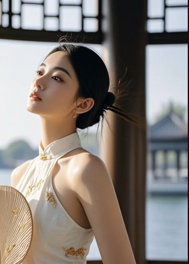 她站在湖边，像一幅会呼吸的画