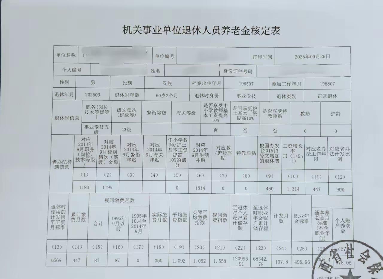 这位江西省的机关事业单位退休人员，事业专技五级，薪级43级，养老金核定表显示基本