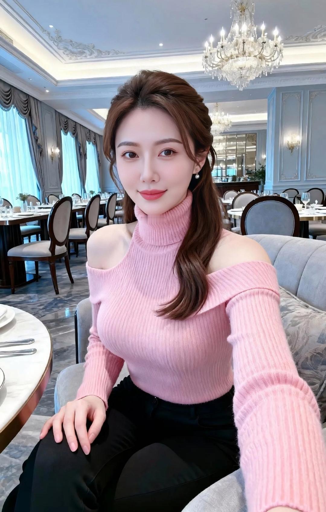 姐姐好贵气！粉色露肩针织衫衬得肌肤胜雪，高领与露肩设计把优雅和性感平衡得绝妙。盘