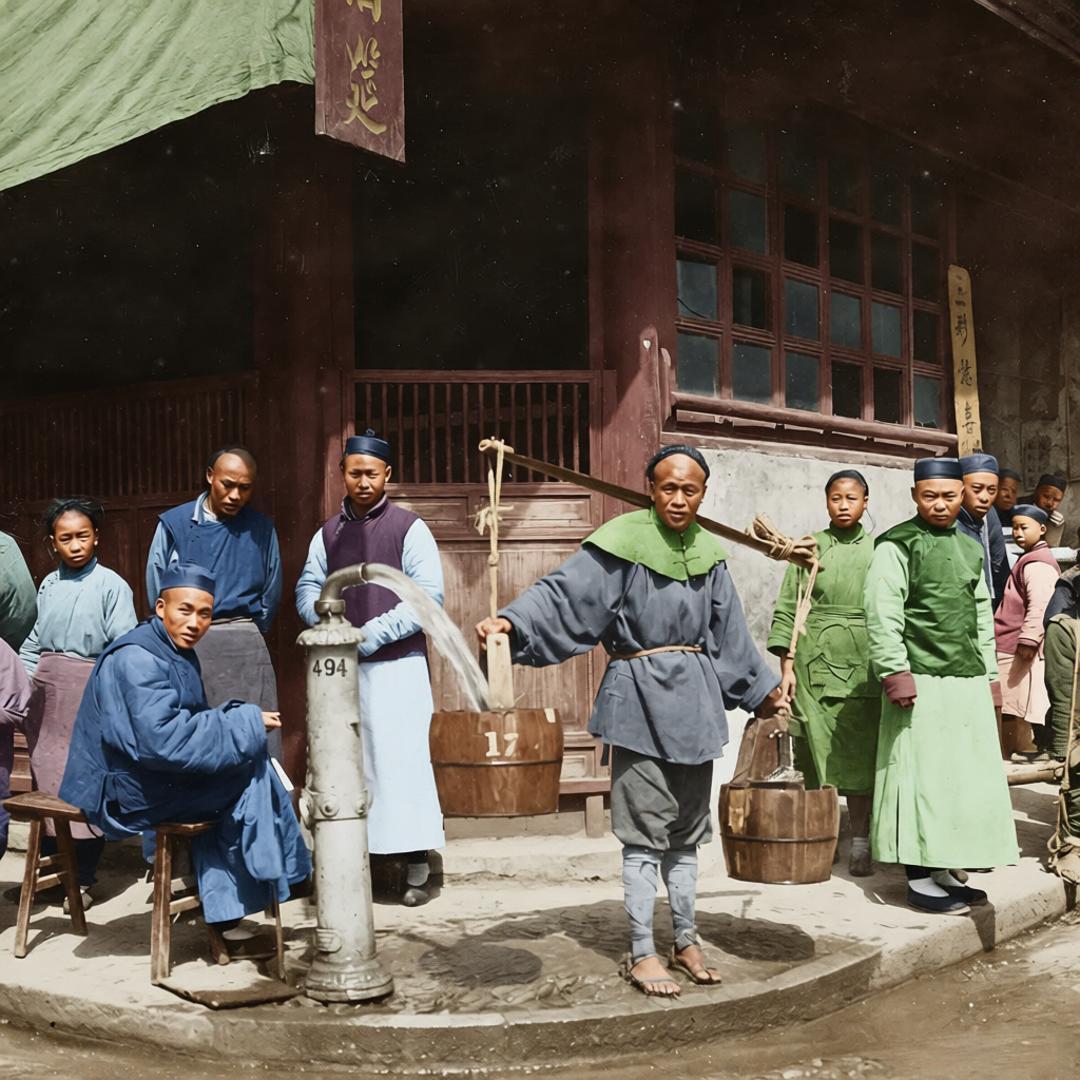 1901年的上海租界街头，晨雾刚散的石板路边，一金属自来水龙头像个“异客”，柱身