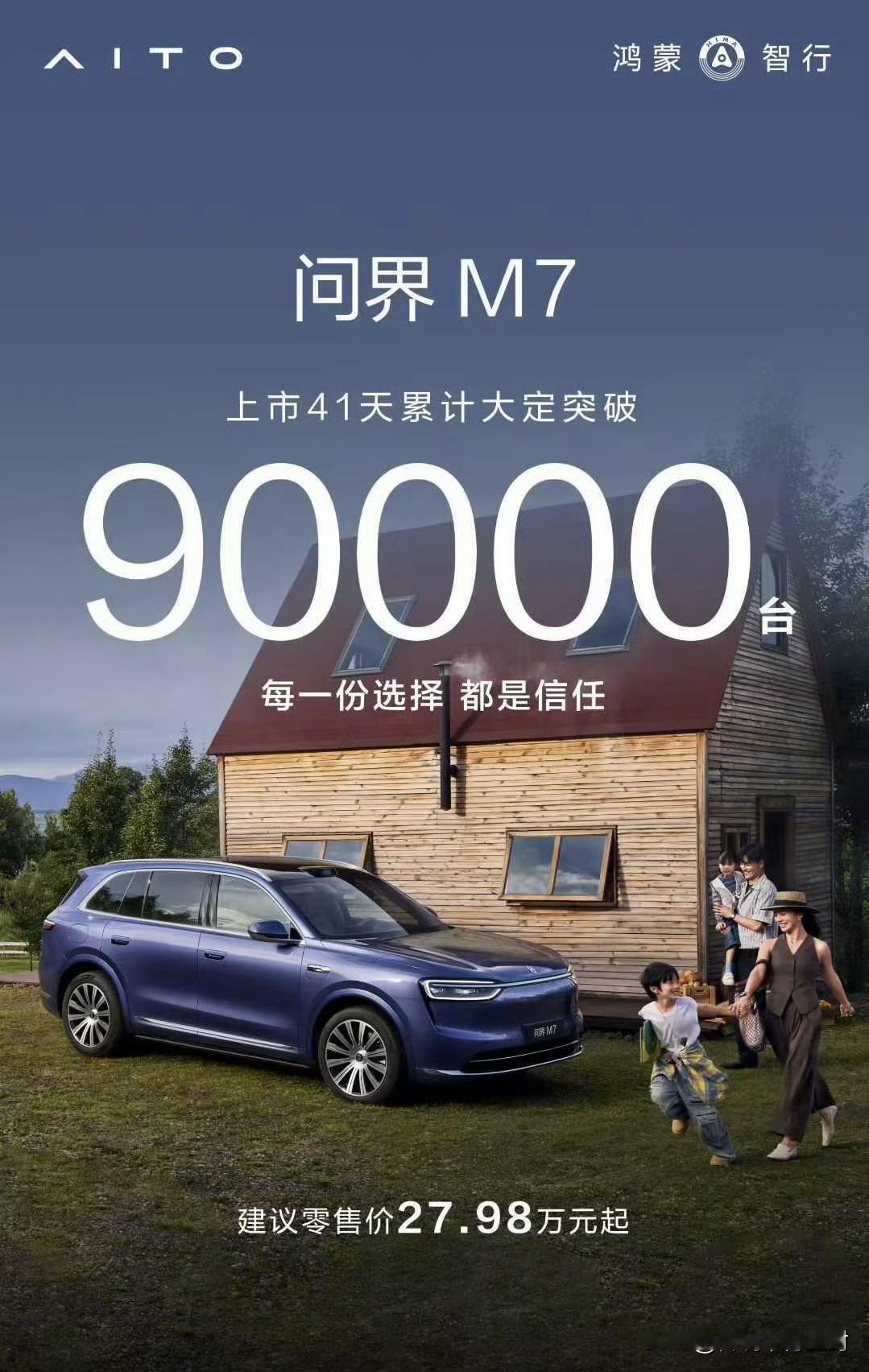 看完了尚界的交付战报，再来看大定。这次是问界M7，官宣上市41天累计大定突破9