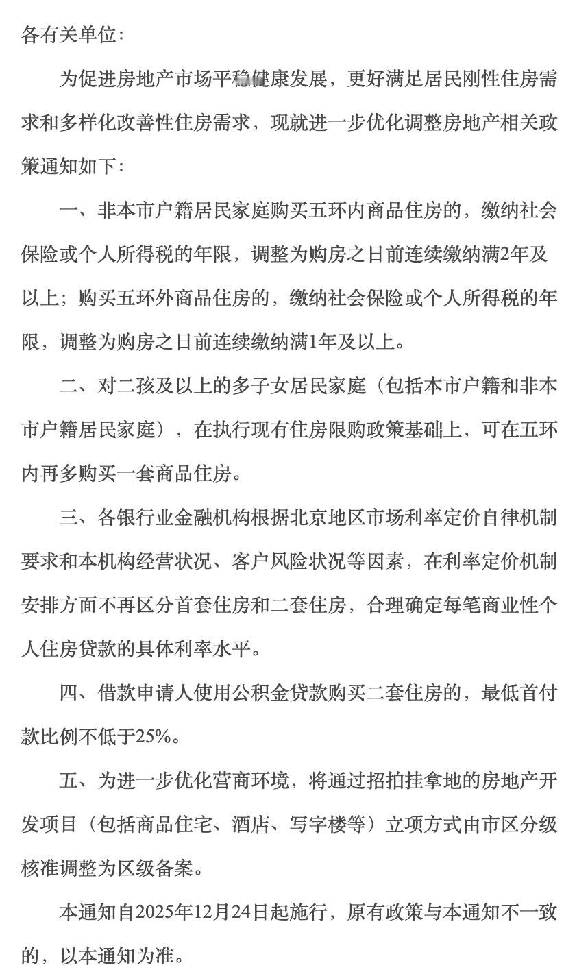 北京又继续放松限购了。总结：1.公积金二套首付3成降低到2.5成2.商贷二套利率
