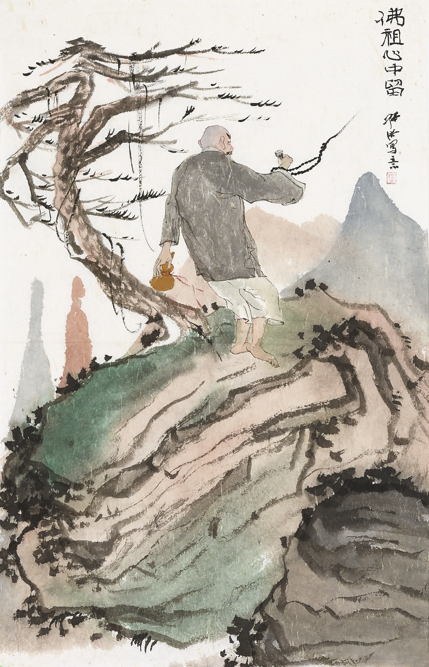 《超然物外，笑对红尘》一壶酒，半生缘，老僧背对众生，独立山巅。画中的他，既是出世