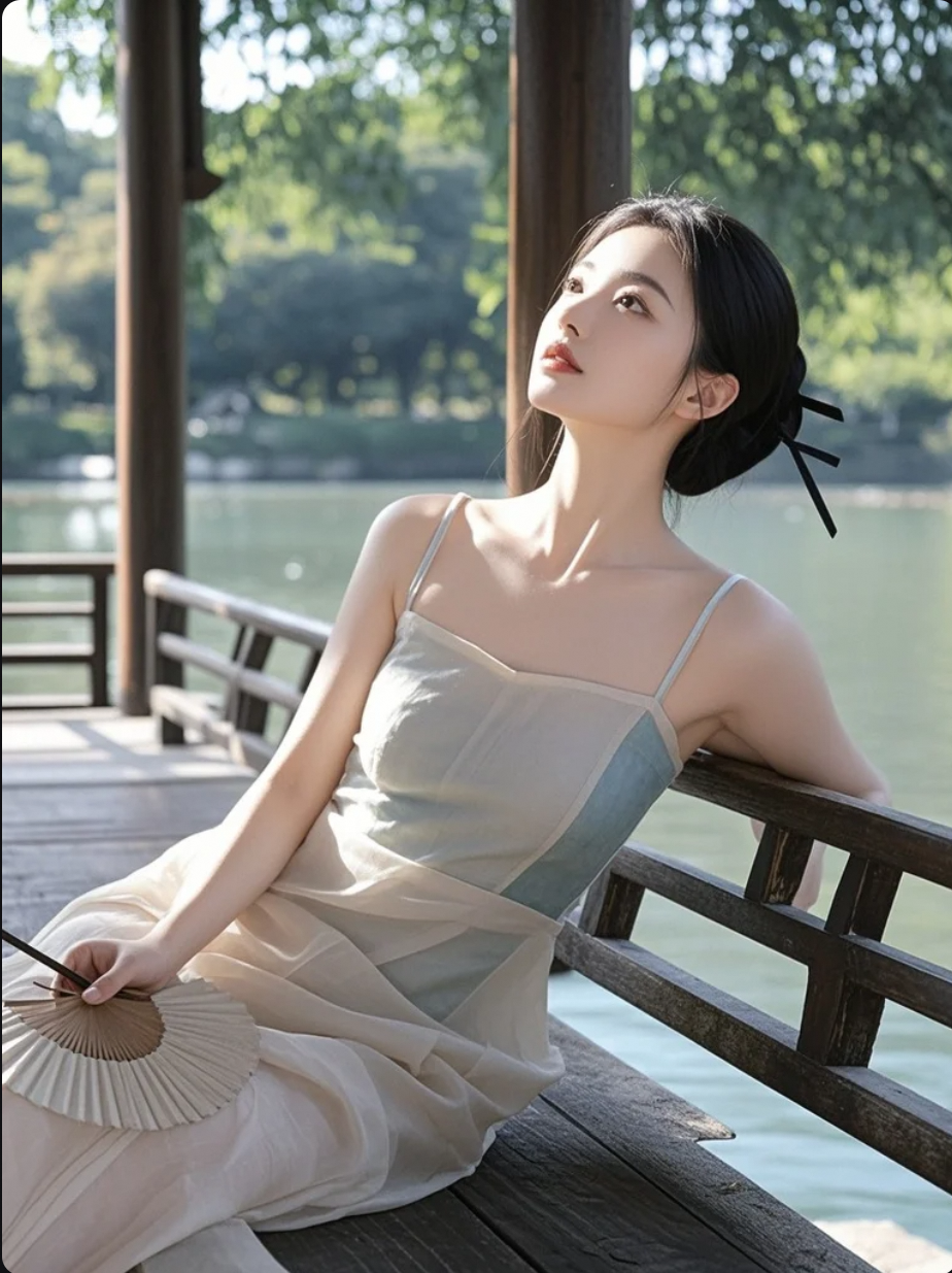 她站在湖边，像在等一句“我来了”