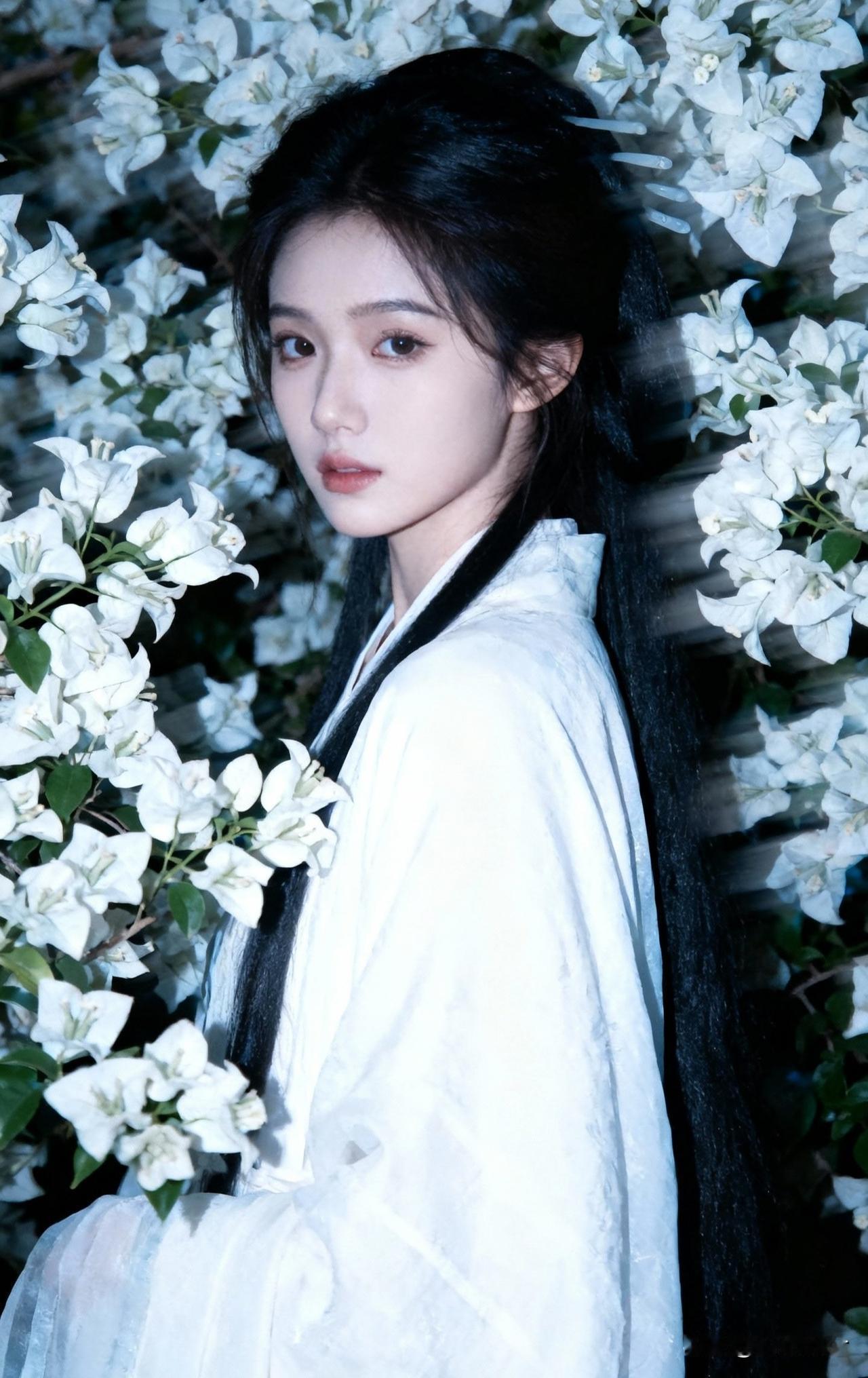 古风少女与白花相映，如梦如幻