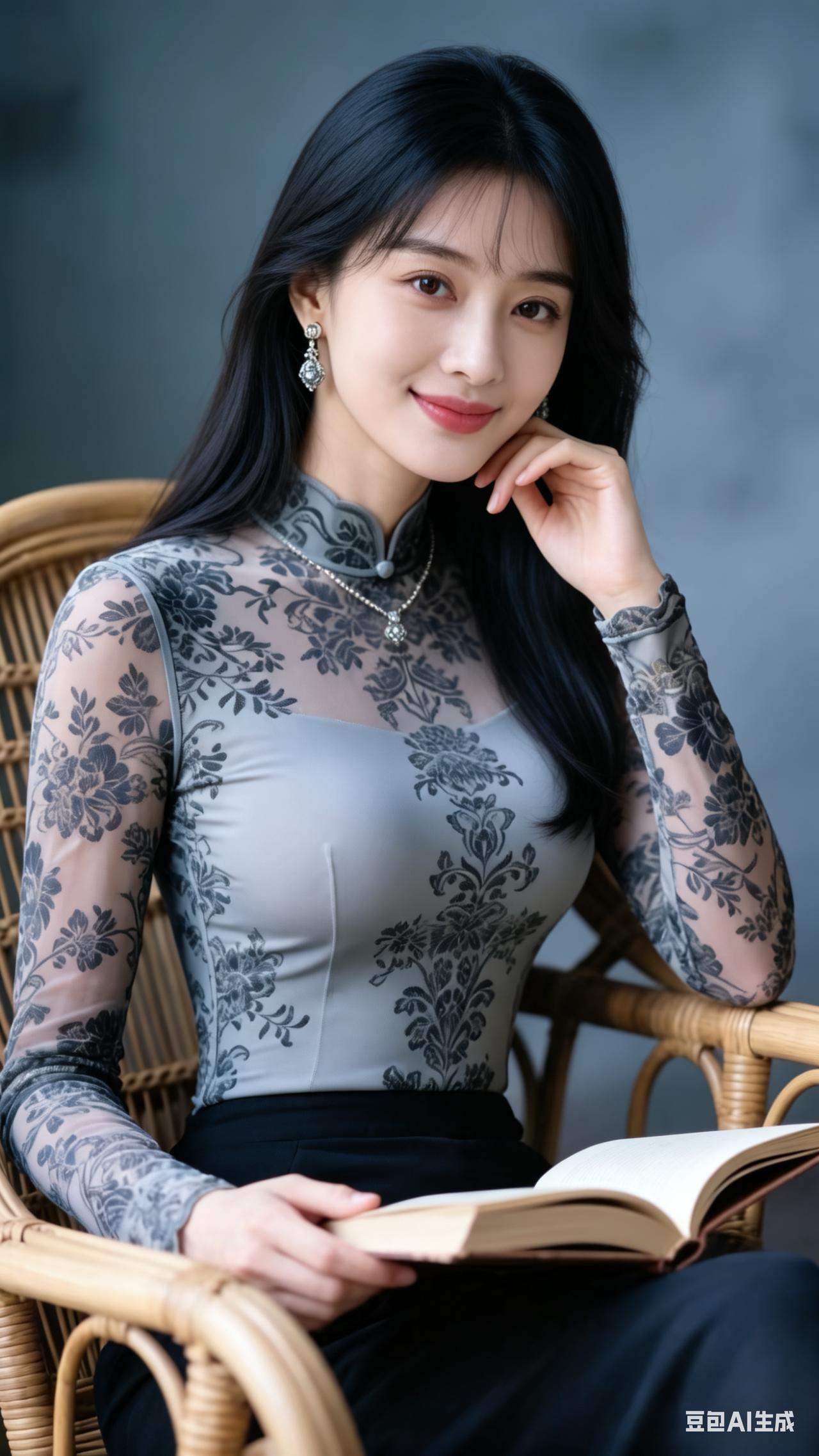 美女披肩长发柔顺垂落，简约利落又显气质。精致耳环摇曳生辉，亮眼项链点缀颈间，酷飒